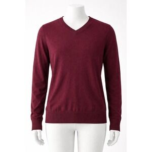 St Johns Bay Mens V-Neck Sweater Burgundy Maroon Cotton Blend Size S